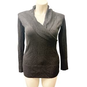 Cache Wrap Sweater Y2K Side Lace Up Gray Shawl Collar Fitted Knit Tunic Size L